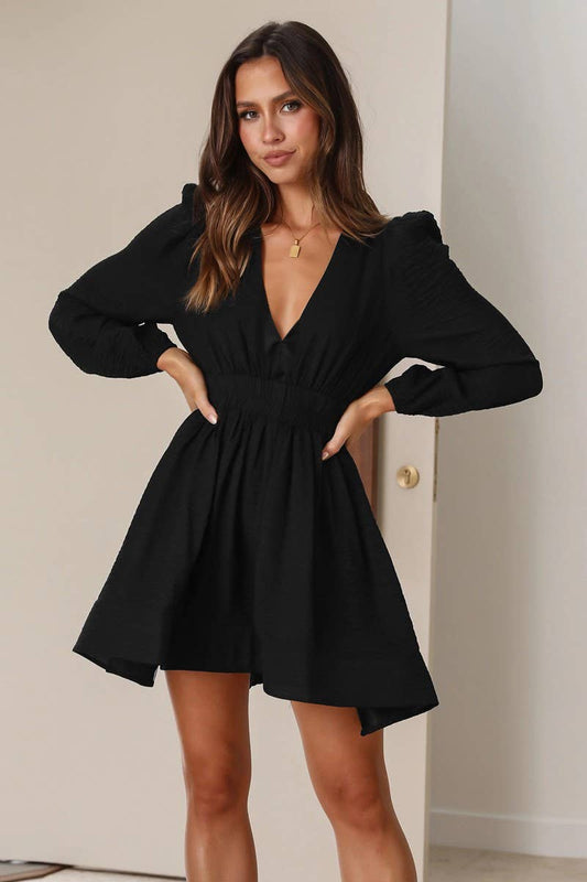 CWDSD8601_FALL V-NECK PLEATED RUFFLED FRENCH DRESS