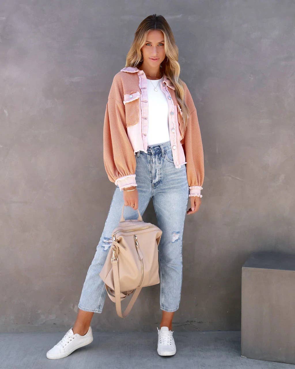 Waffle patchwork short washable coat