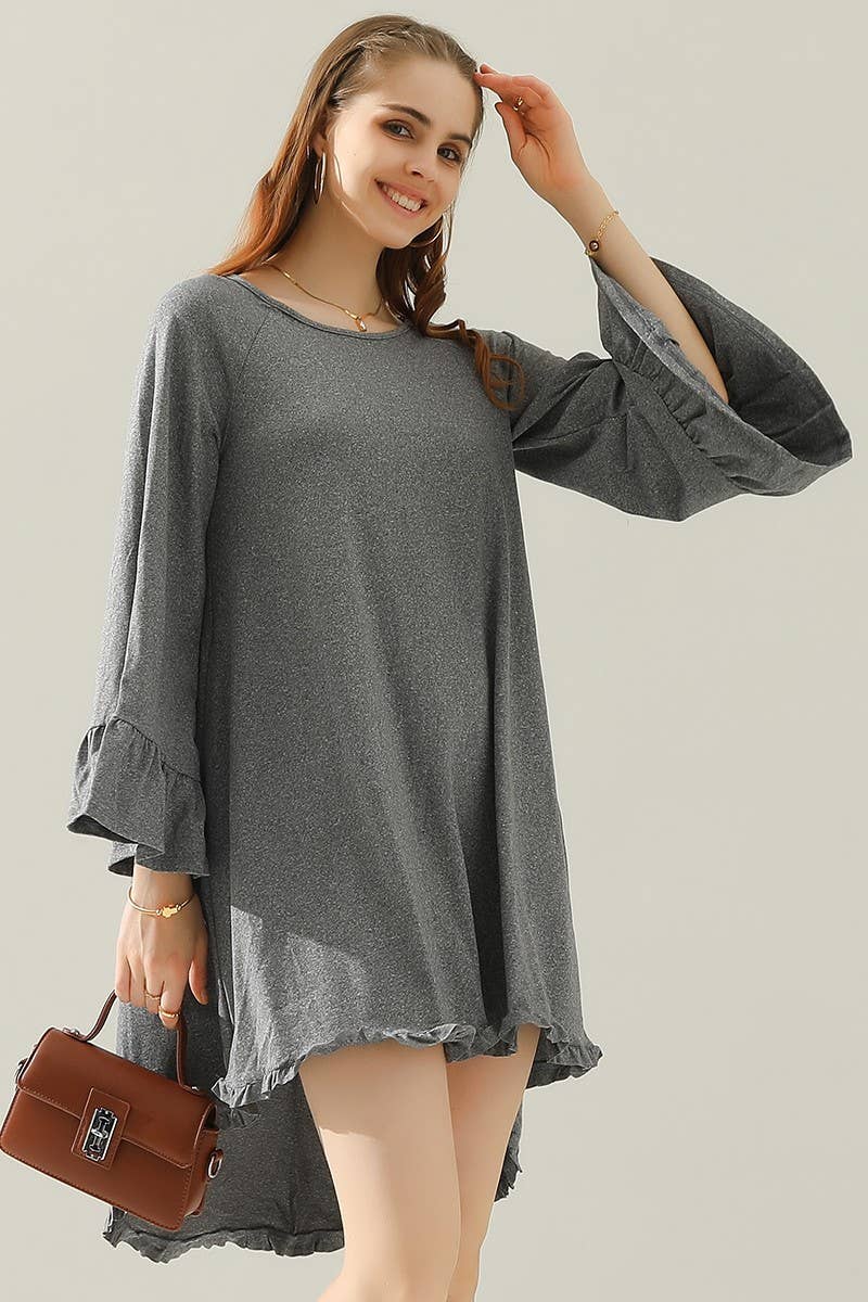 CWDSD10406_RUFFLE DETAIL LONG SLEEVE DRESS WITH SIDE POCKET