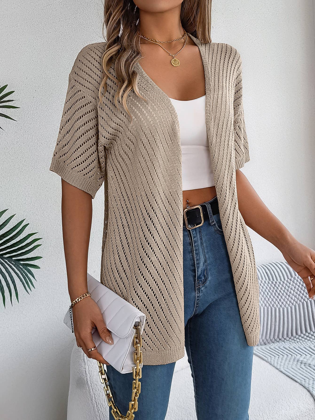 Hollow-out short-sleeved cardigan