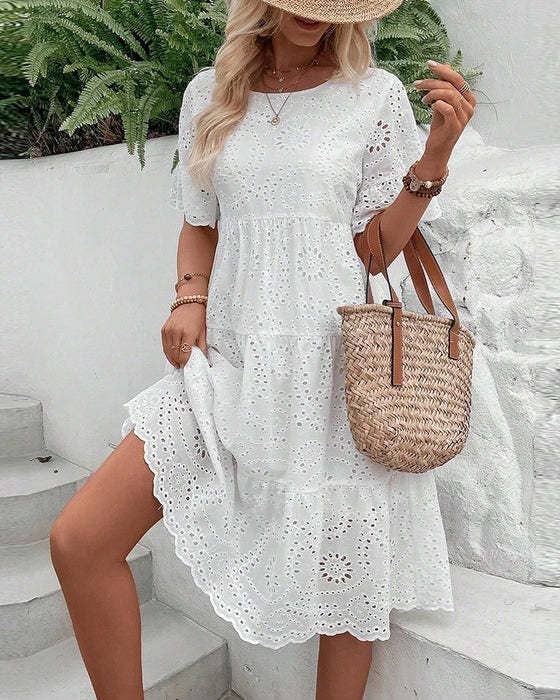 SOLID-COLOR COTTON EMBROIDERED LACE CUTOUT DRESS_CWDSD10724