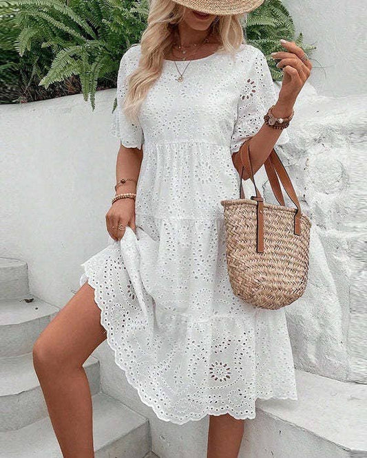 SOLID-COLOR COTTON EMBROIDERED LACE CUTOUT DRESS_CWDSD10724