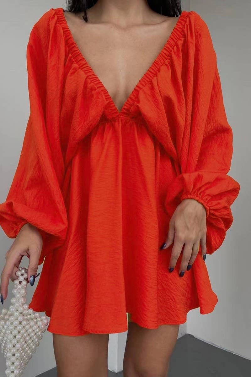 CWDSD6540_SOLID COLOR LANTERN SLEEVE V-NECK SEXY DRESS