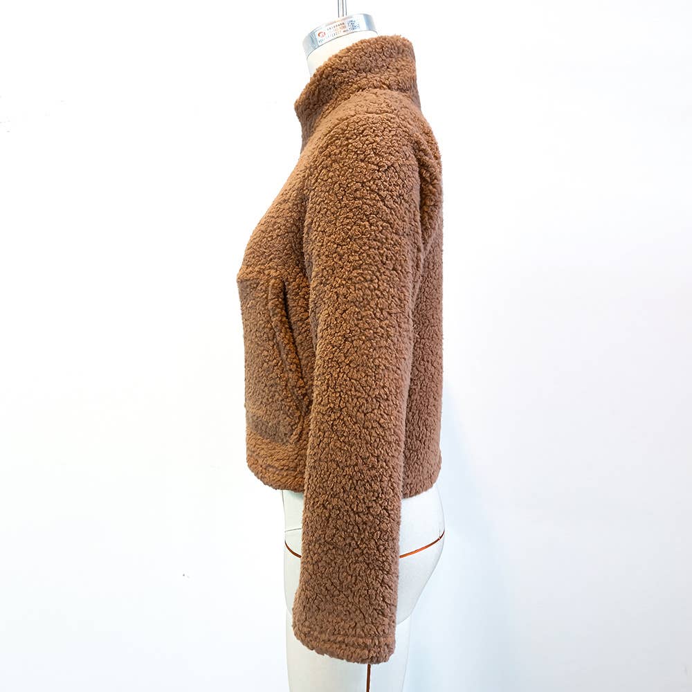 STAND-UP COLLAR ZIPPER PLUSH SOLID COLOR COAT