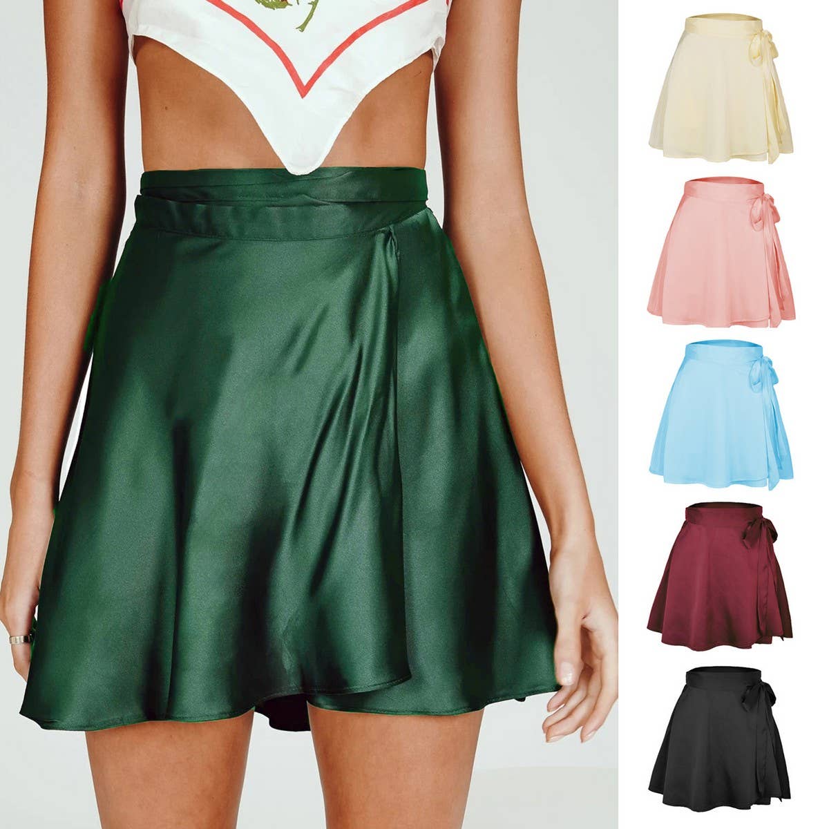SOLID COLOR SKIRT HIGH WAIST LACE UP SHORT SKIRT_CWAB4789