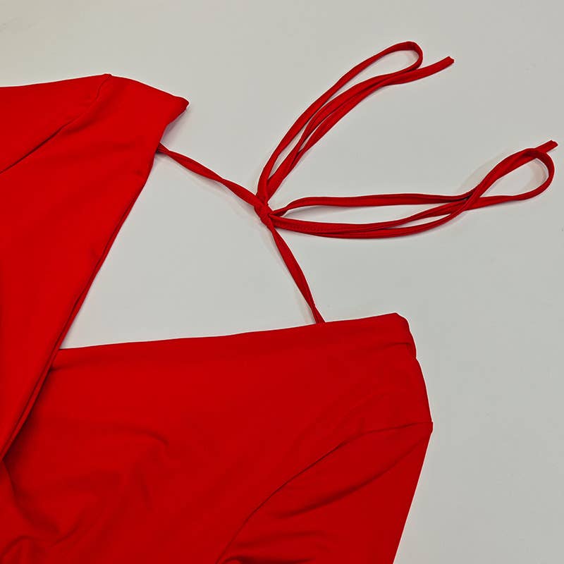 Solid color deep V drawstring pleated dress