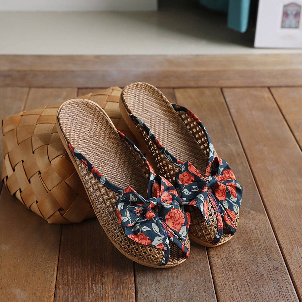 Summer Woven Linen Bow Mules for Home