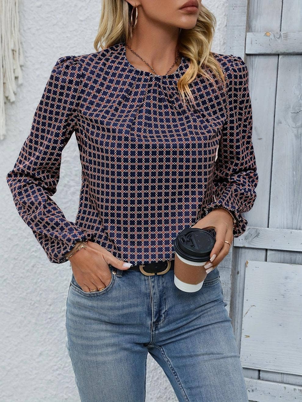 SIMPLE FASHION POLKA DOT PRINTED ROUND NECK SHIRT