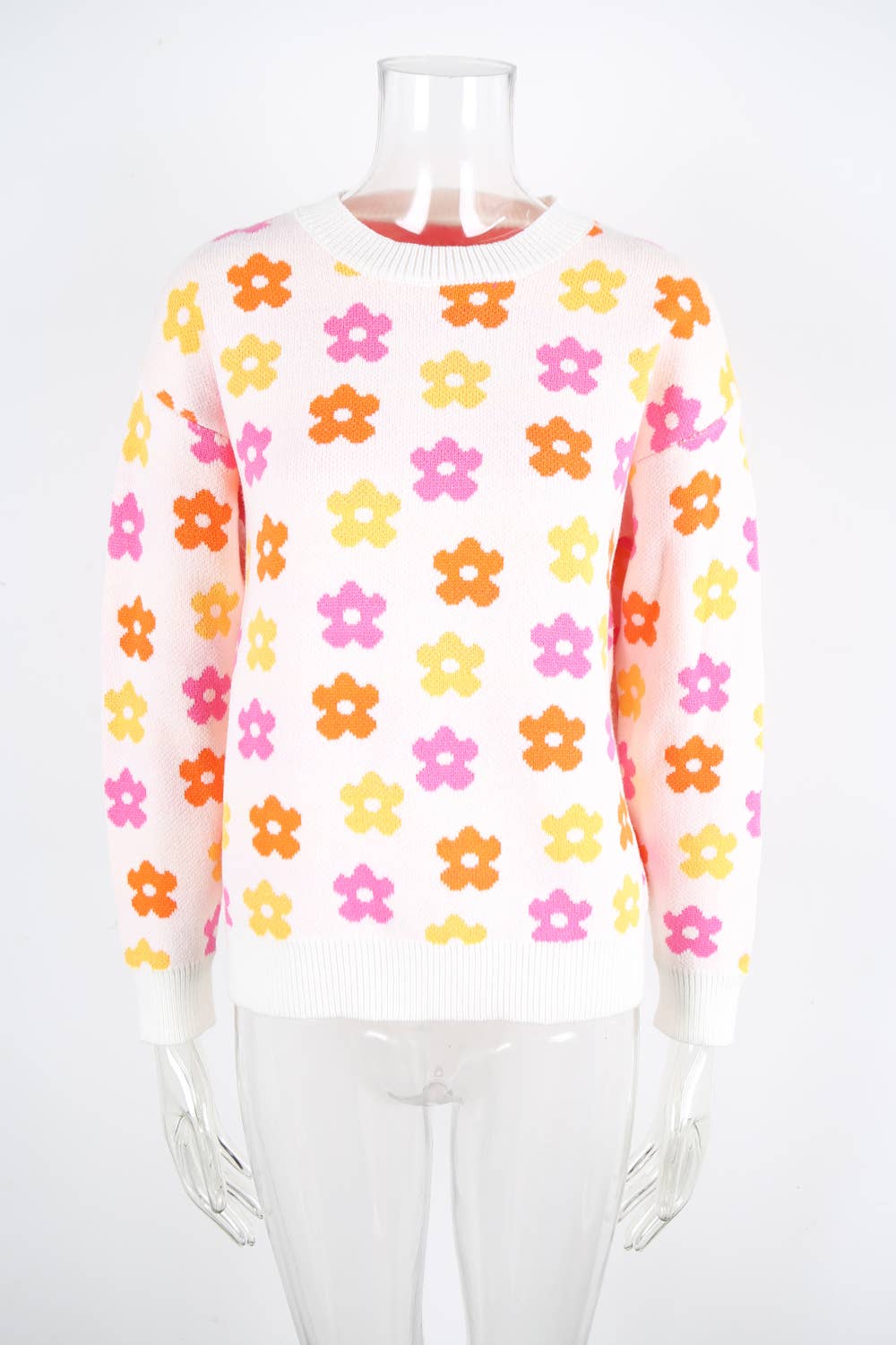 Versatile flower-printed warm threaded sweater