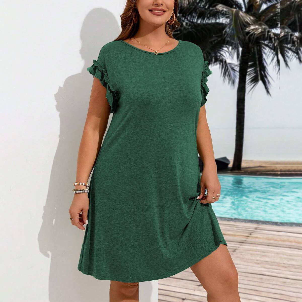 PLUS SIZE CROSS BACK RUFFLED SHORT SLEEVE DRESS_CWDSD3315