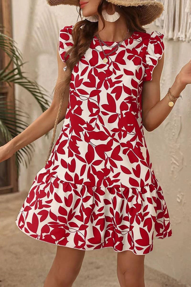 CWDSD7520_NEW SUMMER FLYING SLEEVE RUFFLED PRINT DRESS