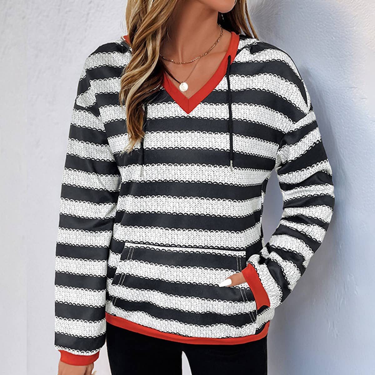 STRIPED SPLICED PULLOVER HOODED CASUAL HOODIE