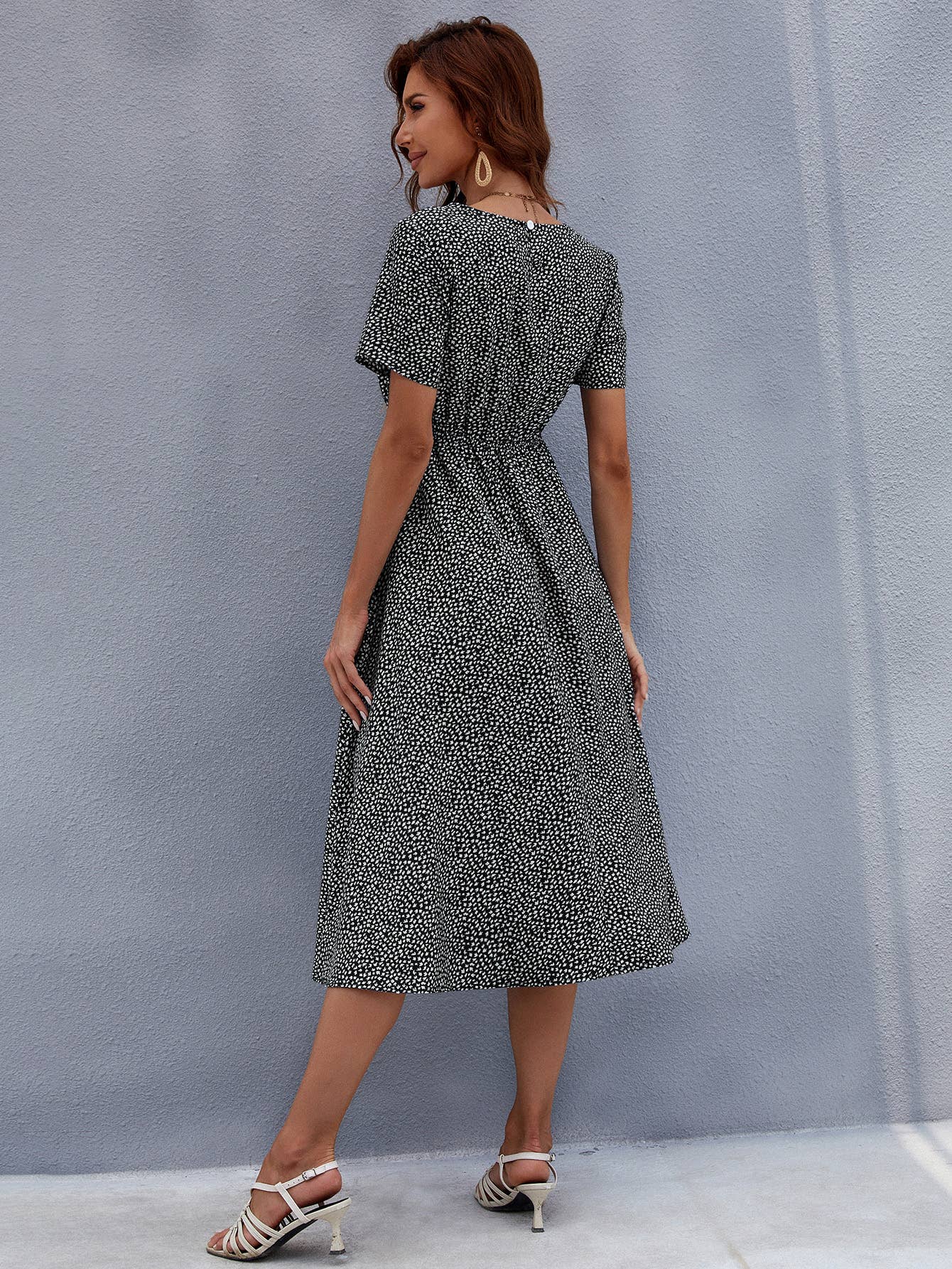 Round neck floral style waist long printed dress