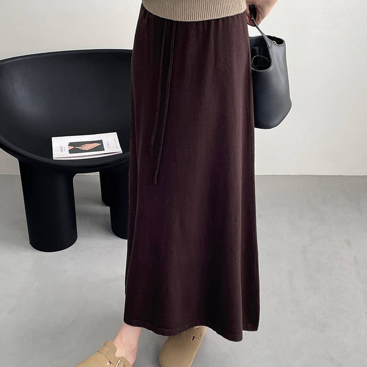 Solid color all-in-one drawstring knit A-line skirt