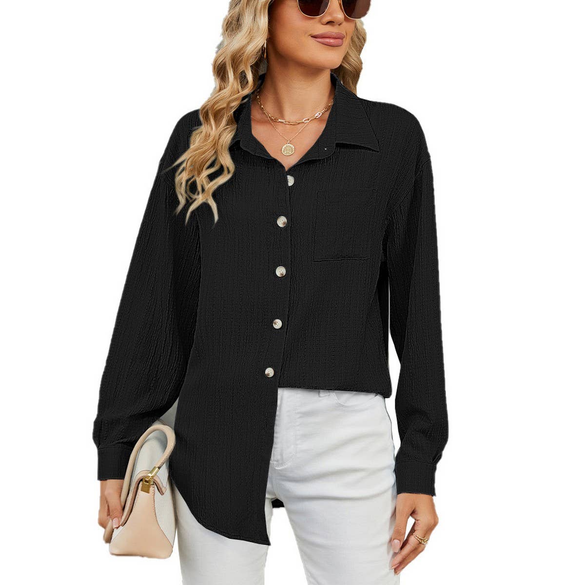 Long sleeve lapel button solid color shirt