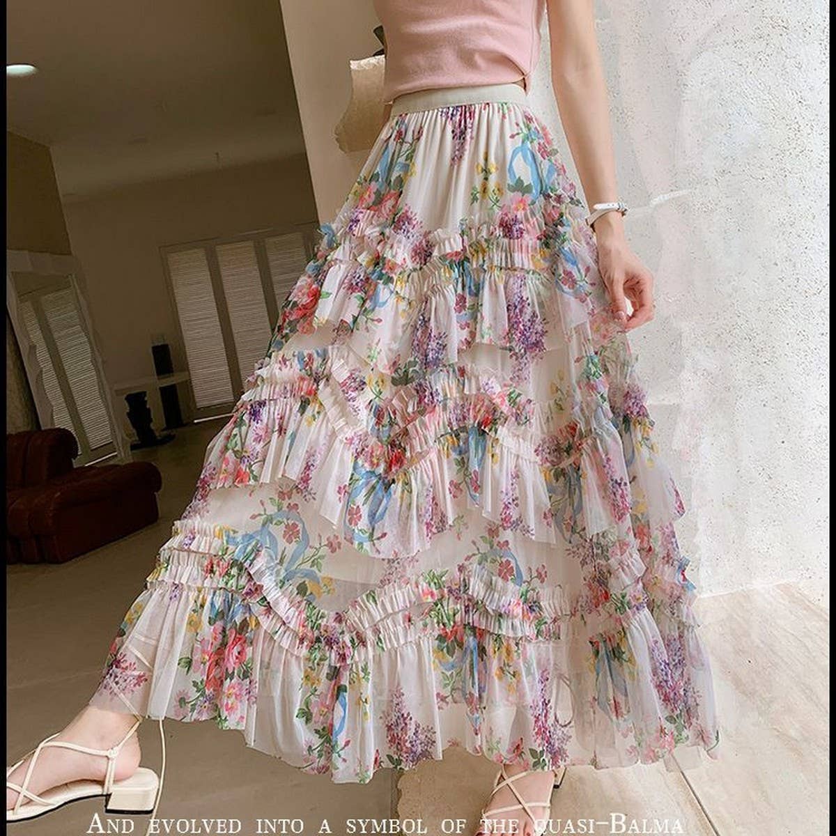 COLORFUL FLORAL MESH PRINT PLEATED TULLE SKIRT