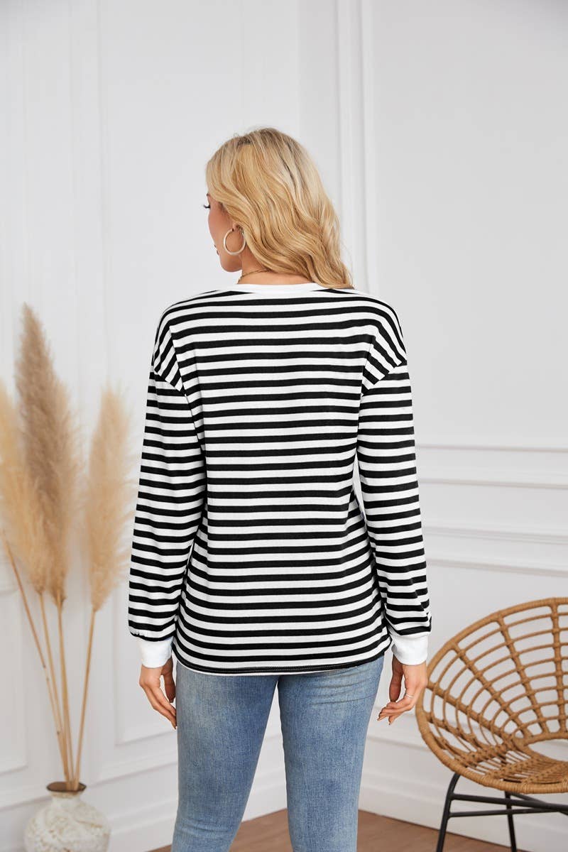 STRIPED CREW-NECK LONG-SLEEVED PULLOVER HOODIE