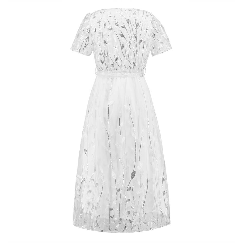 Embroidered Metallic Mesh V-Neck Midi Dress