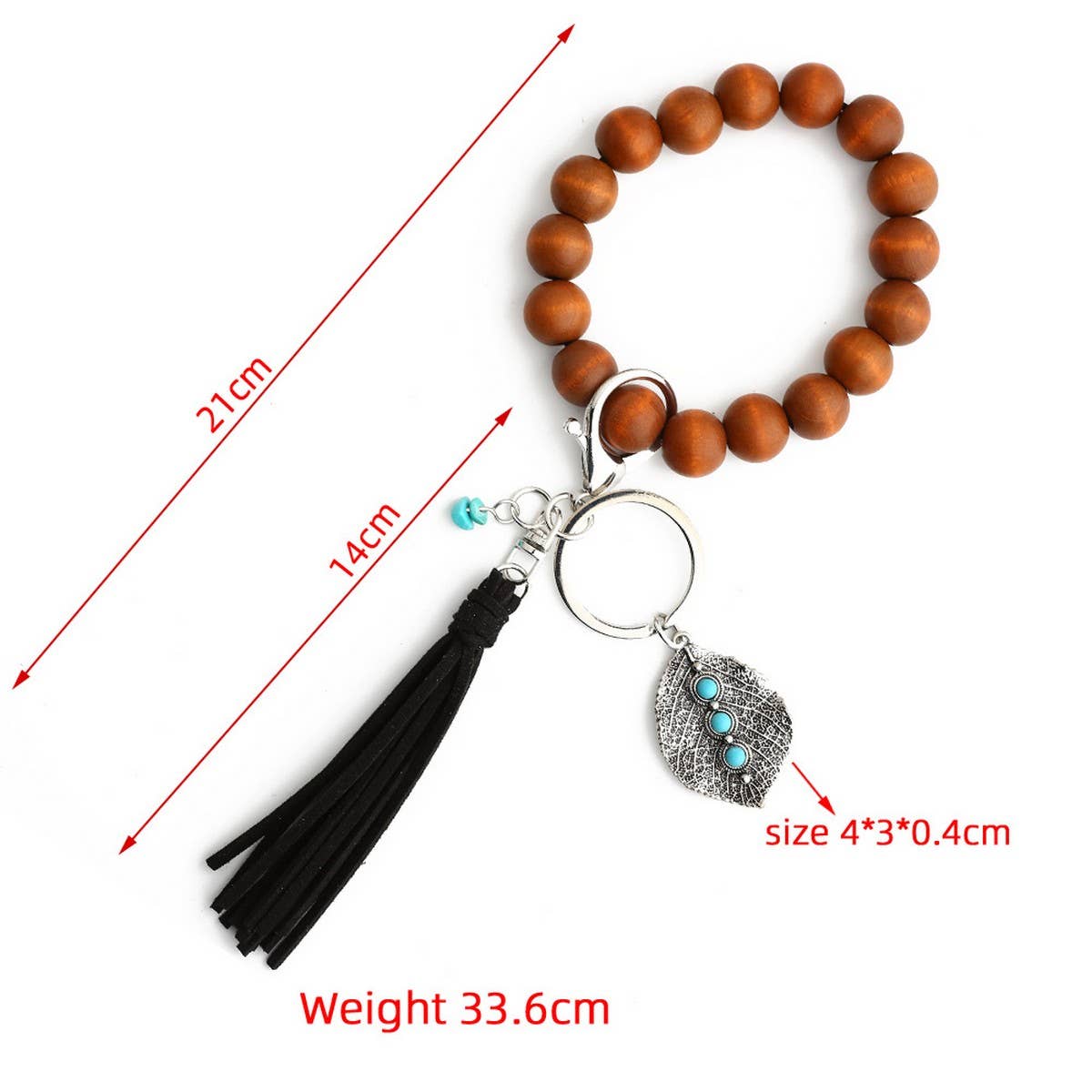 Boho Tassel Keychain with Leaf Charm and Wood Beads_CWAB5087