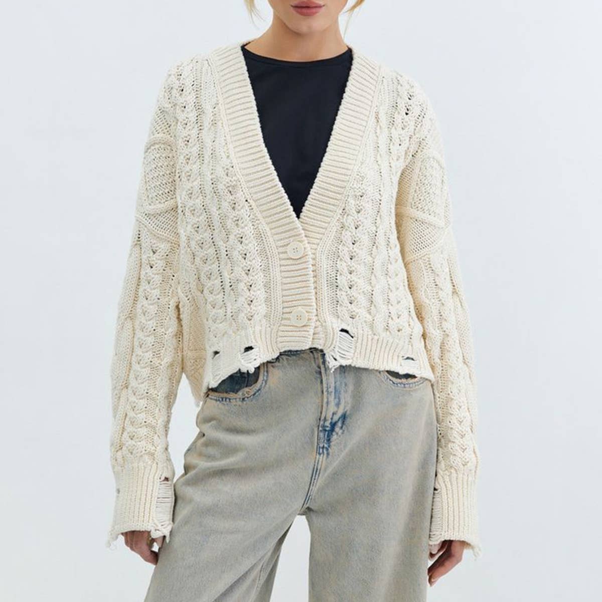 V-NECK SOLID COLOR TWIST SINGLE BREASTED CARDIGAN