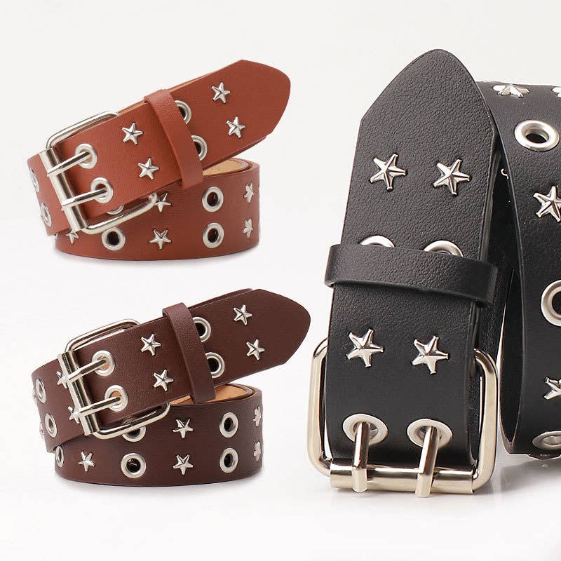 Punk double-row pin buckle denim belt