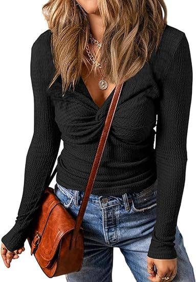 LONG SLEEVE FASHION TWIST SEXY LOW V-NECK TOP