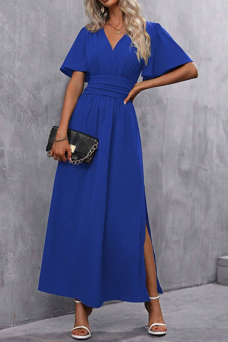 CWDMD4647_SOLID COLOR FLYING SLEEVES HIGH SLIT DRESS