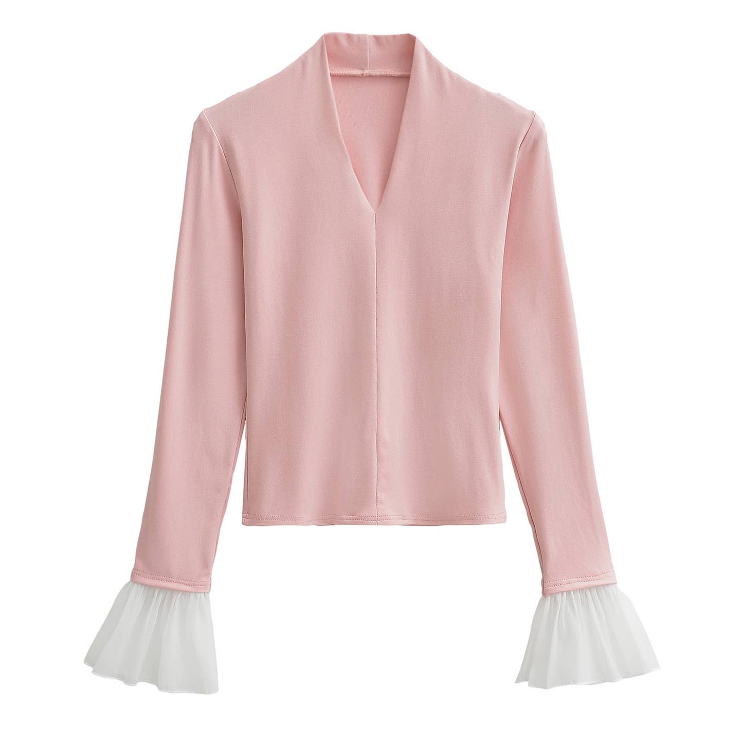 FLARED SLEEVE SPLICING V-NECK STYLE BASE SHIRT