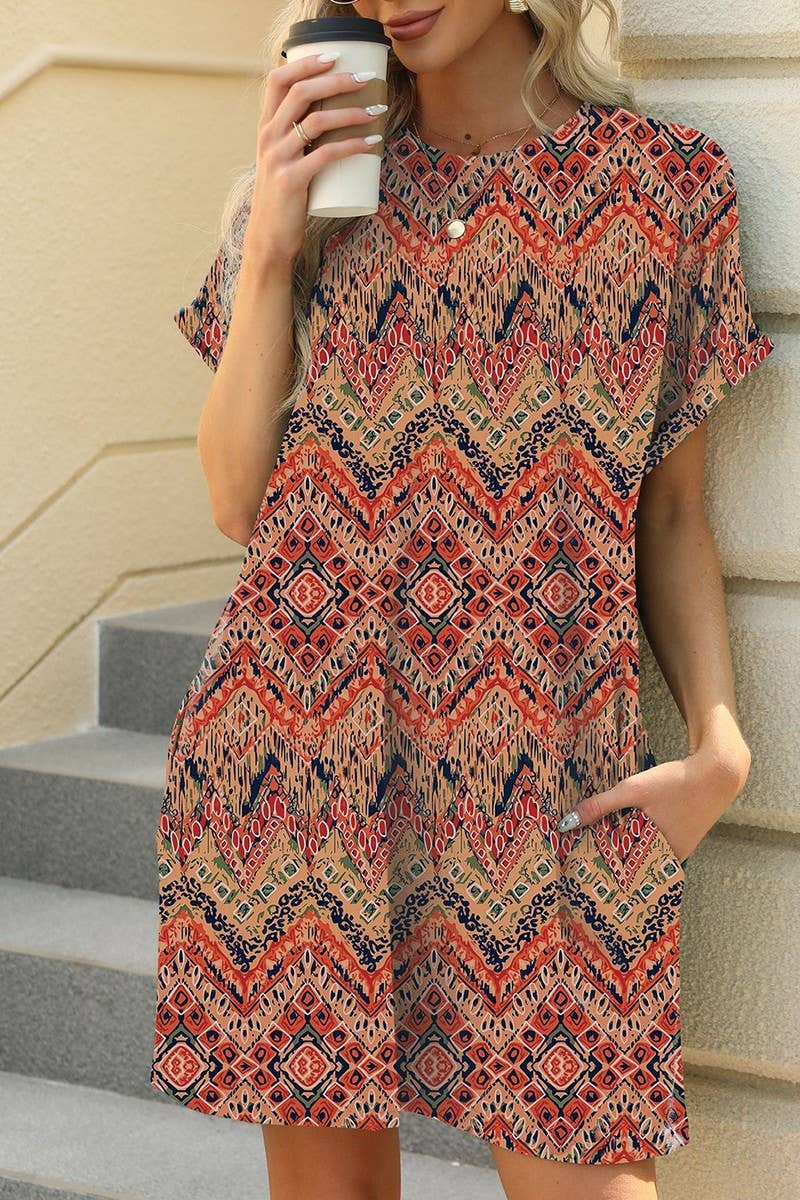 CWDSD7291_PRINTED CREW NECK SHORT SLEEVE POCKET DRESS