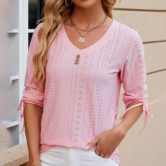 V NECK BUTTON DRAWSTRING T SHIRT_CWTSTS0191