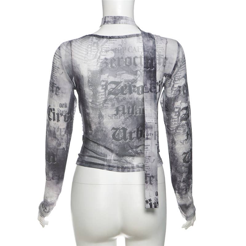 FASHION SLIM-FIT NEWSPAPER PRINT SEE-THROUGH TOP