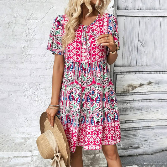Ethnic style prints loose V-neck short dress