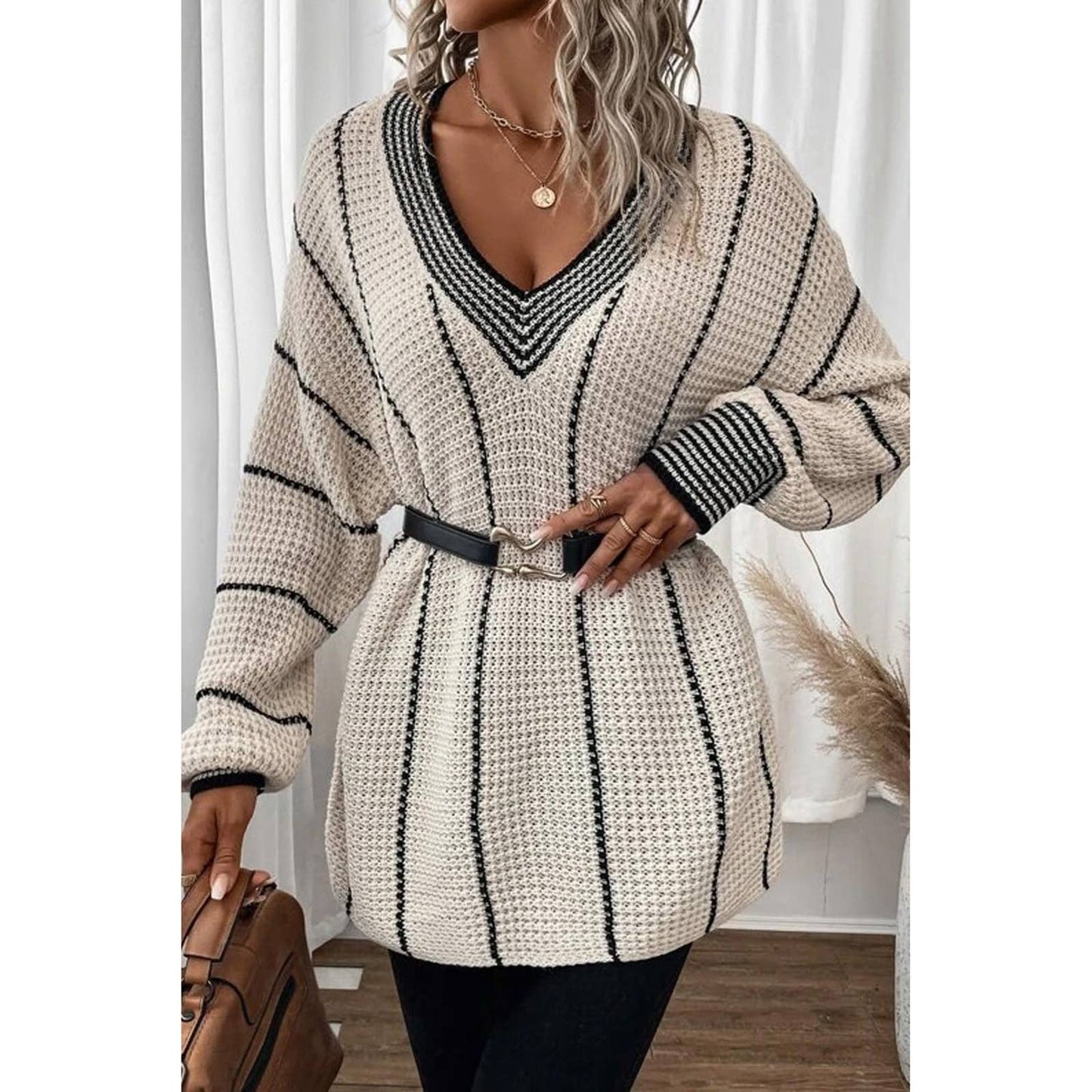 KNITTED V-NECK STRIPED PULLOVER SWEATER