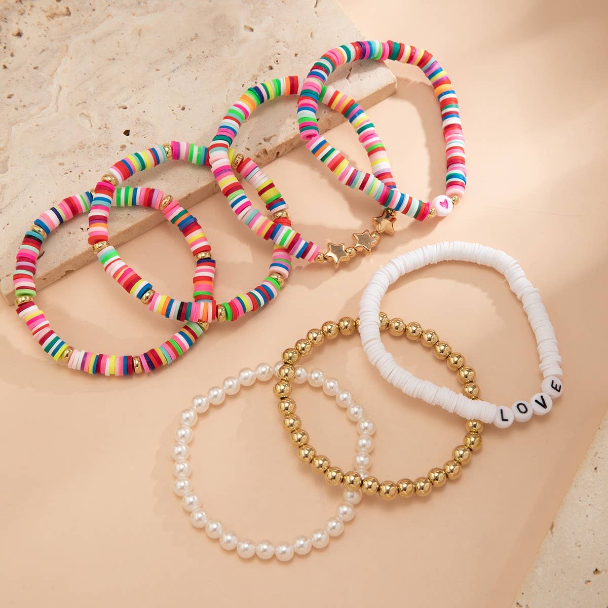 COLORFUL LETTER BOHEMIAN STAR BALL BRACELET SET