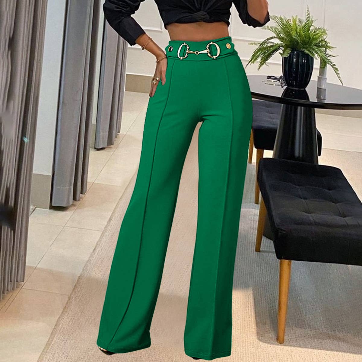 HIGH-WAISTED METAL BELTS STRAIGHT-LEG PANTS