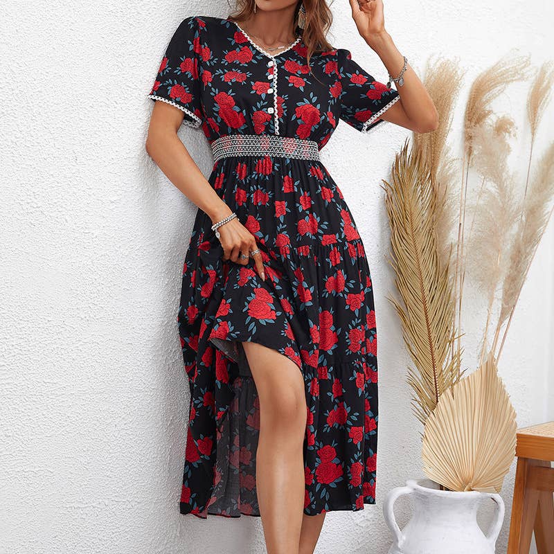 FASHION PRINT SHORT SLEEVE SLIM-FIT LONG DRESS