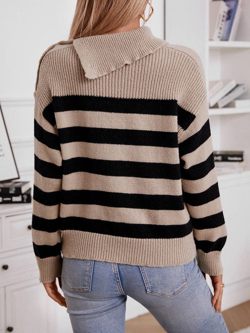 Lapel shoulder buckle color-blocking sweater