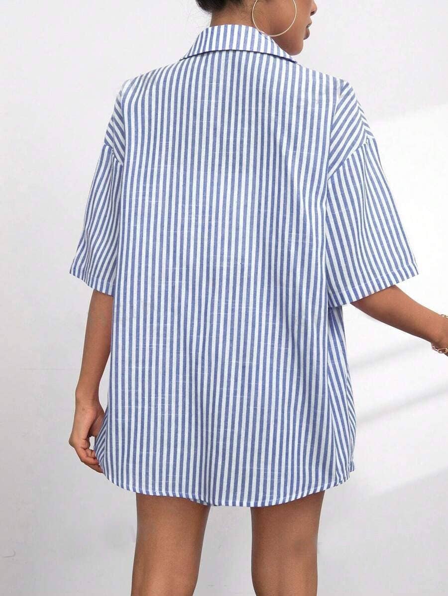 Lapel striped short-sleeved and shorts suit