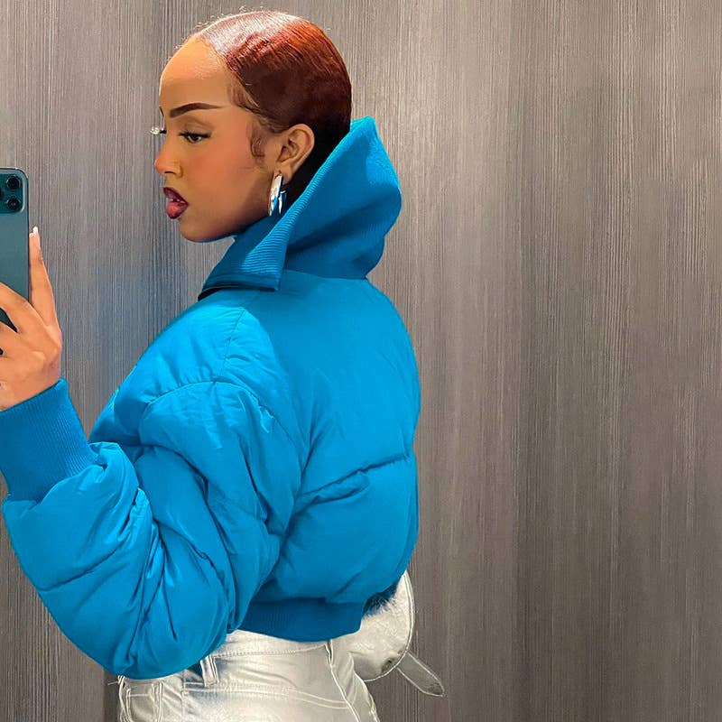 Simple casual high neck zipper cropped quilted jacket