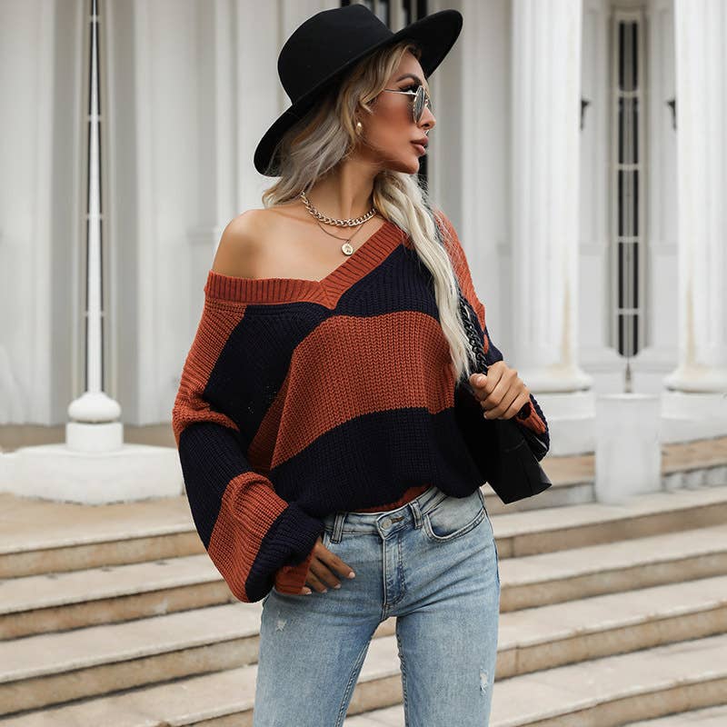 Trendy knitted color-blocked V-neck sweater
