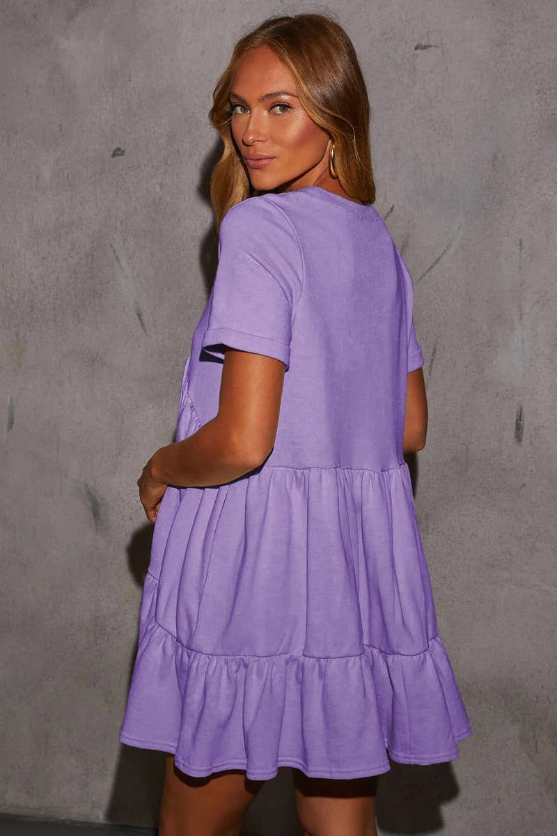 CWDSD7268_ROUND NECK POCKET SHORT SLEEVE PLEATED DRESS