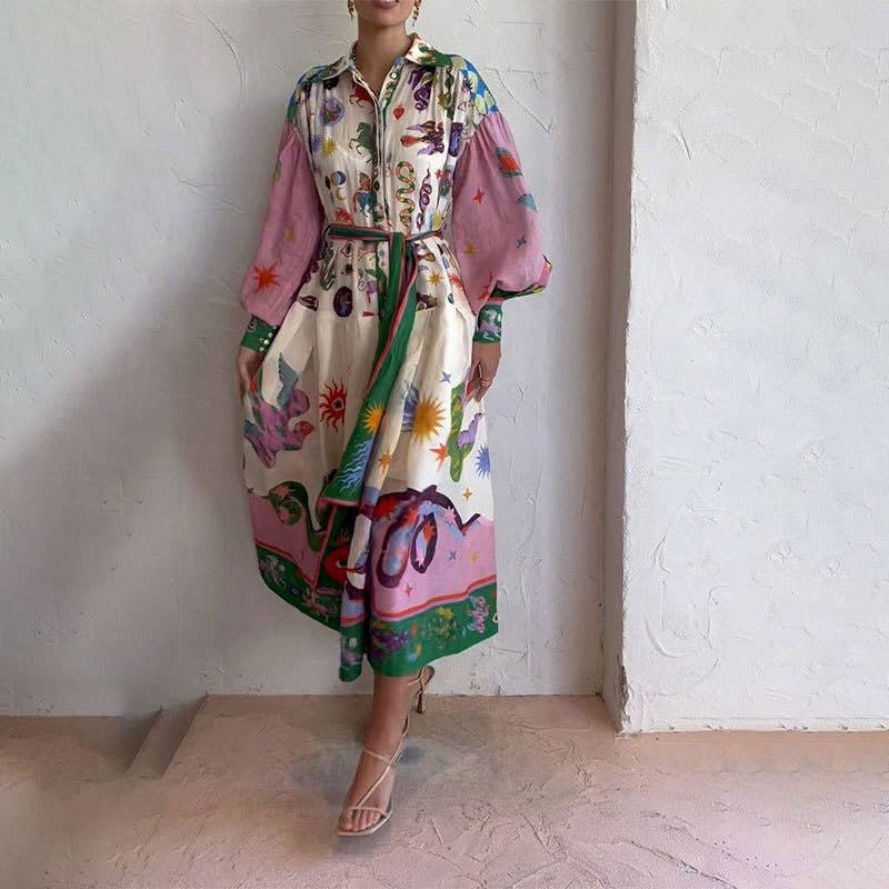 LANTERN SLEEVE PRINTED LAPEL LONG-SLEEVED DRESS