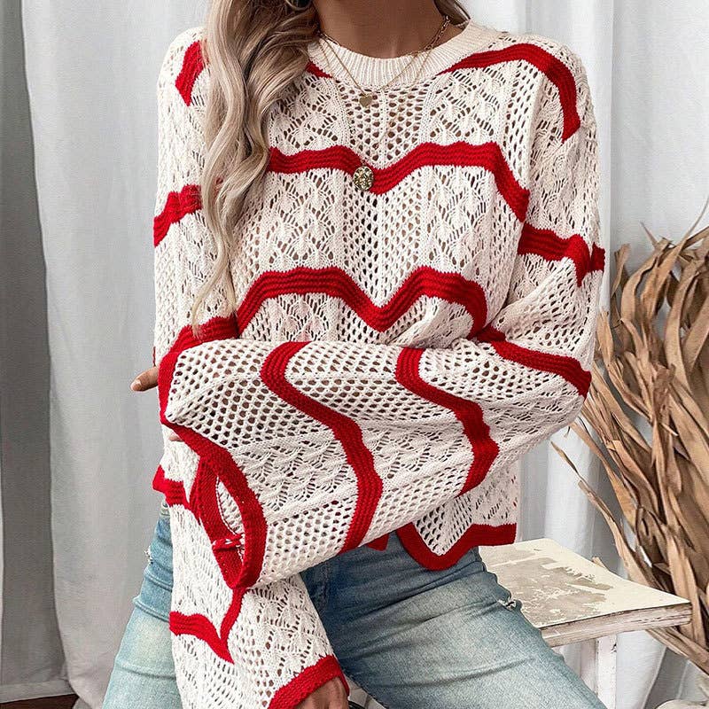 Wavy flared long-sleeved hollowed-out sweater