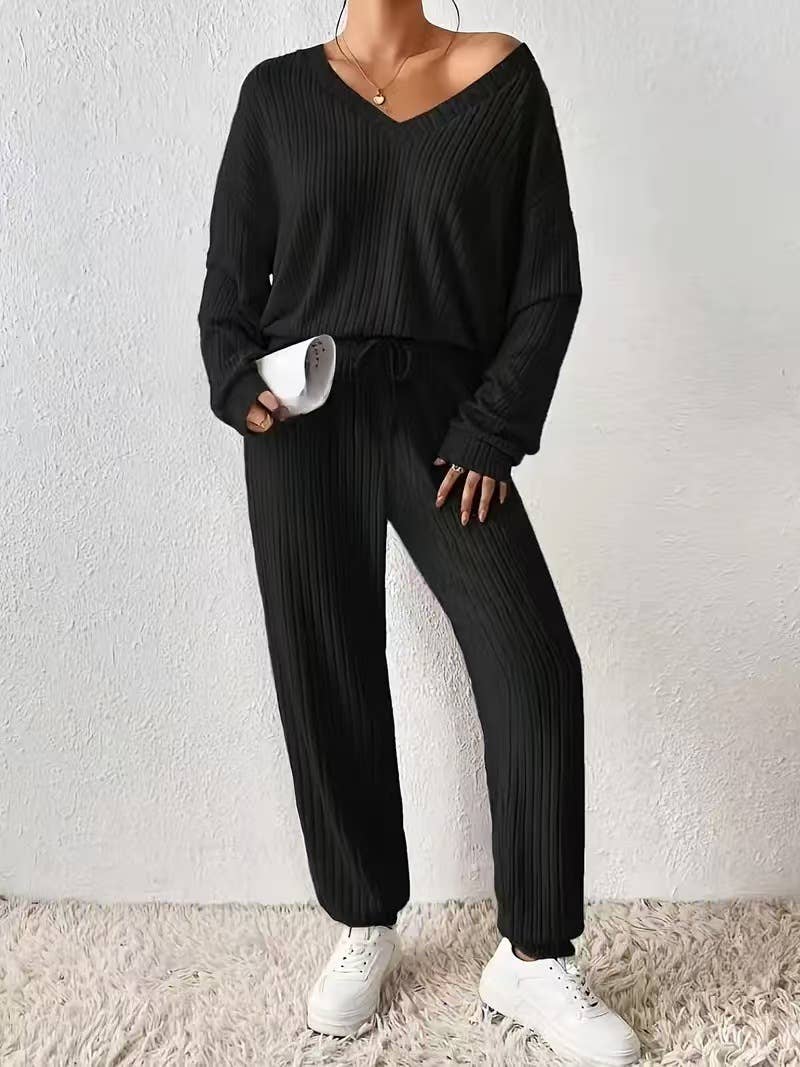 PIT-TRIMMED V-NECK LOOSE LACE-UP TOP PANTS SUIT