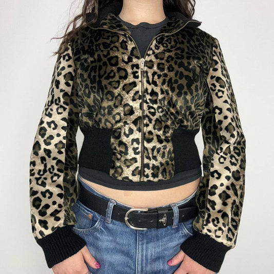 TURTLENECK RIBBED PATCHWORK LEOPARD VELVET JACKET