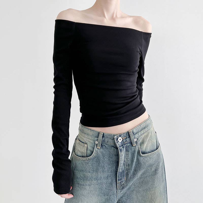 SOLID COLOR SLIM-FIT ONE-LINE SHOULDER T-SHIRT