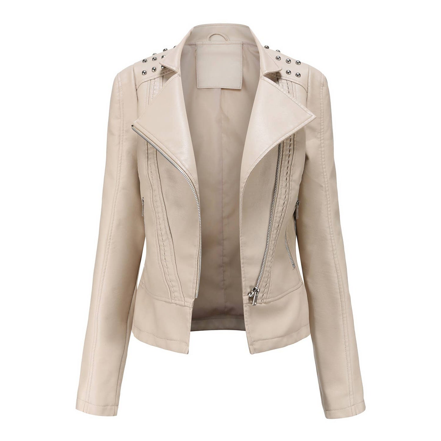 Thin beaded leather biker jacket with lapel