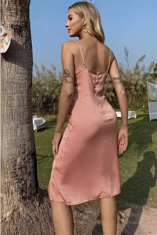 CWDHL0367_SEXY PILE NECK SLEEVELESS SPLIT HALTER DRESS