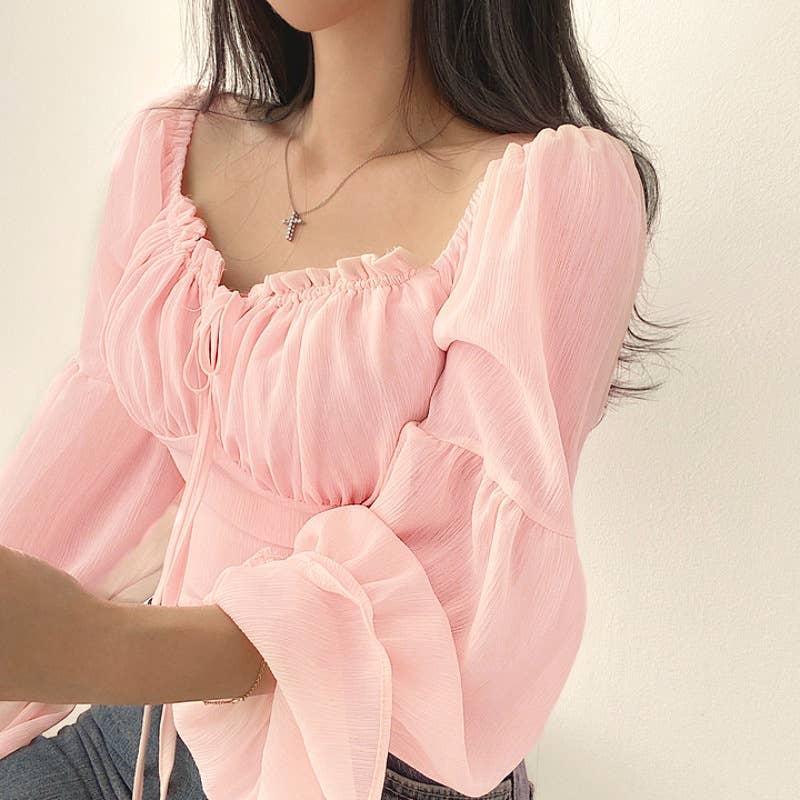Solid color Korean-style flared sleeves shirt