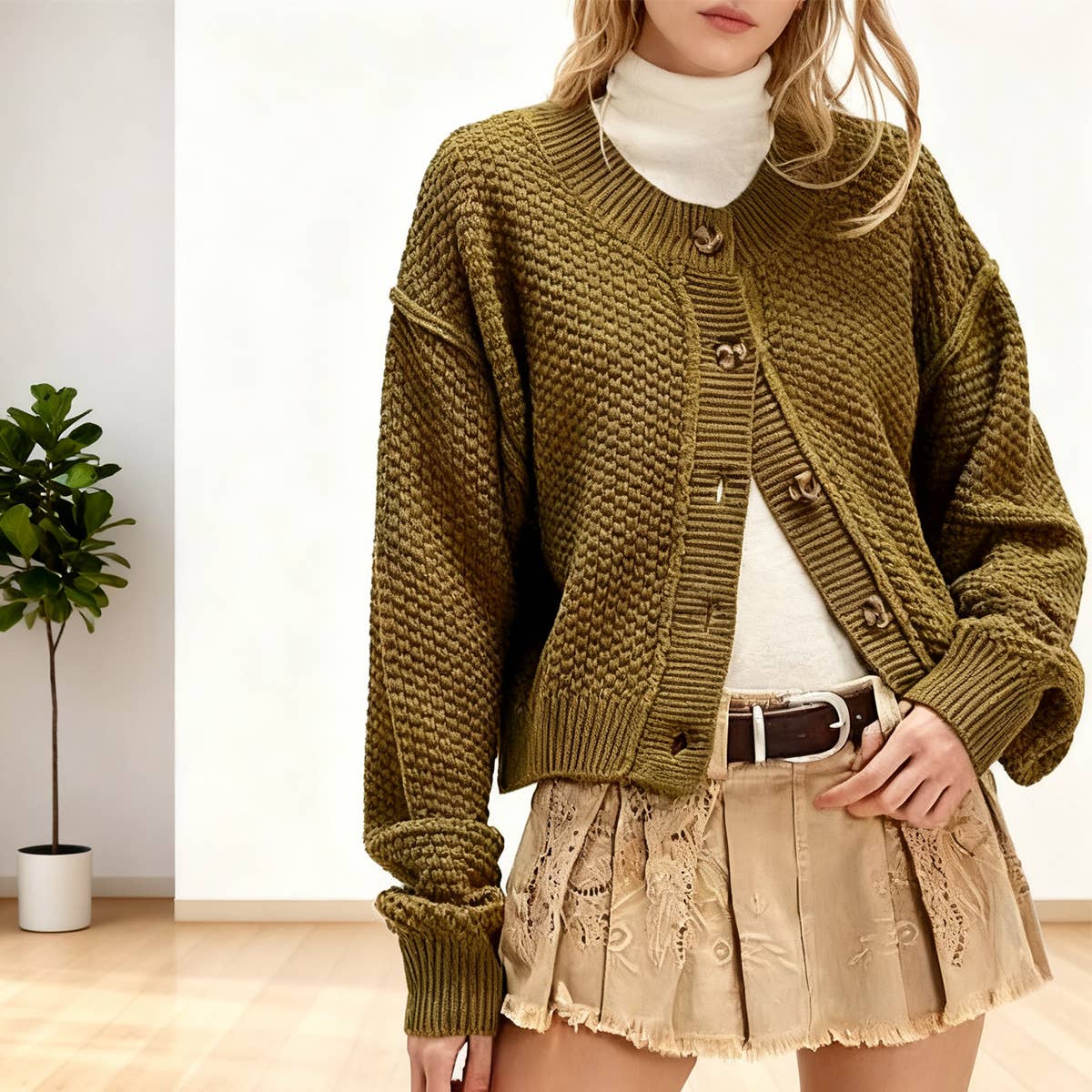 Round-neck street casual solid-color cardigan